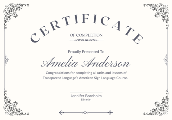 Seminole County Library ASL Class certificate