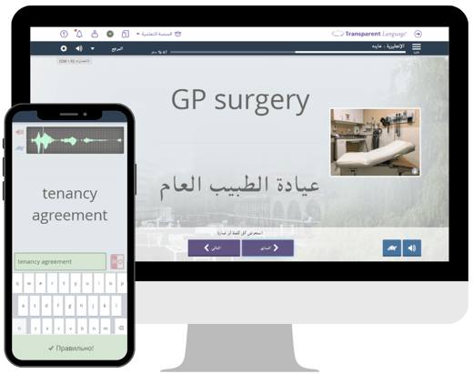 British English for Newcomers course on computer and phone in Ukrainian and Arabic
