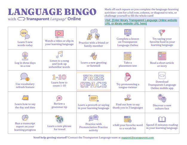 Transparent Language language learning bingo game