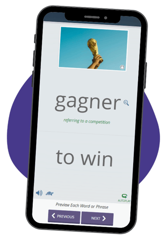 A screenshot of the vocabulary item "to win" in French.