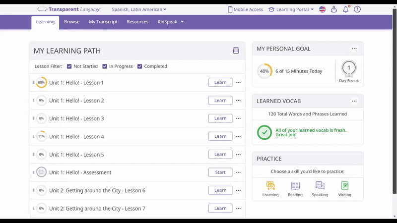 Practice 4 language skills in Transparent Language Online