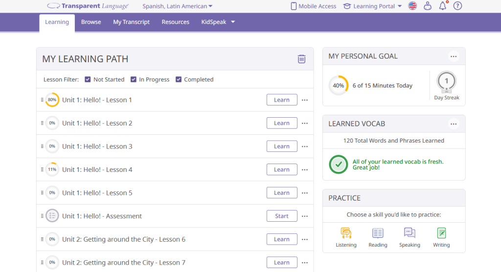 Transparent Language Online learning dashboard