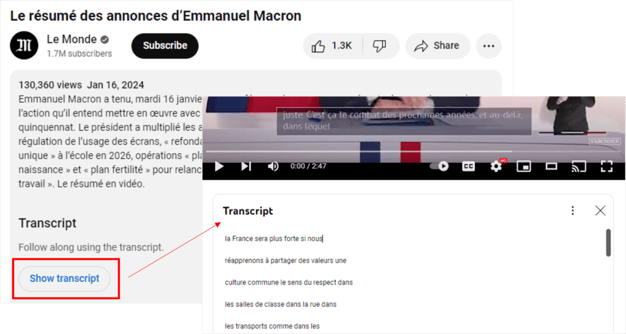 how to find the transcription on youtube videos