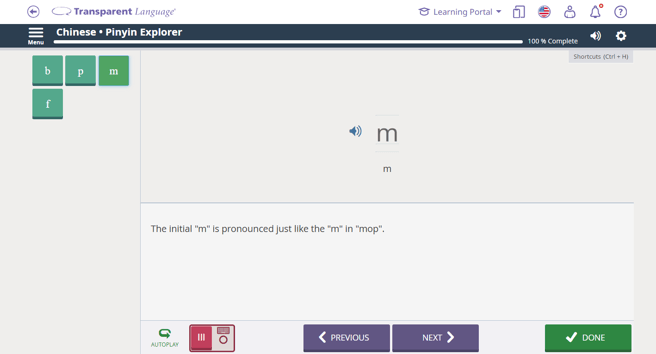 Mandarin Chinese Pinyin Course for beginners showing how to pronounce finals like b, p, m, and f